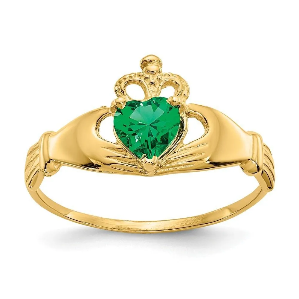 14k Yellow Gold CZ May Birthstone Claddagh Heart RIng
