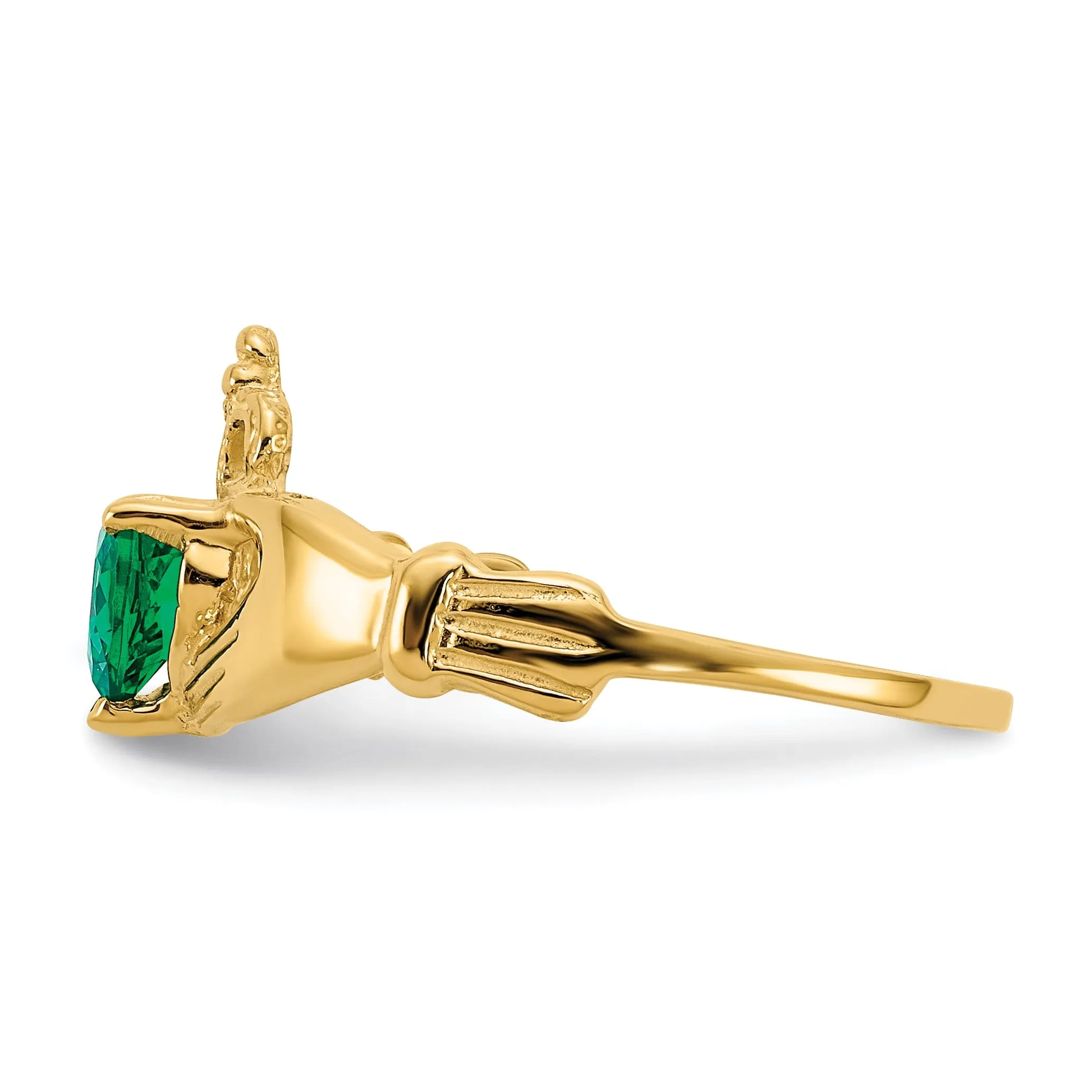 14k Yellow Gold CZ May Birthstone Claddagh Heart RIng