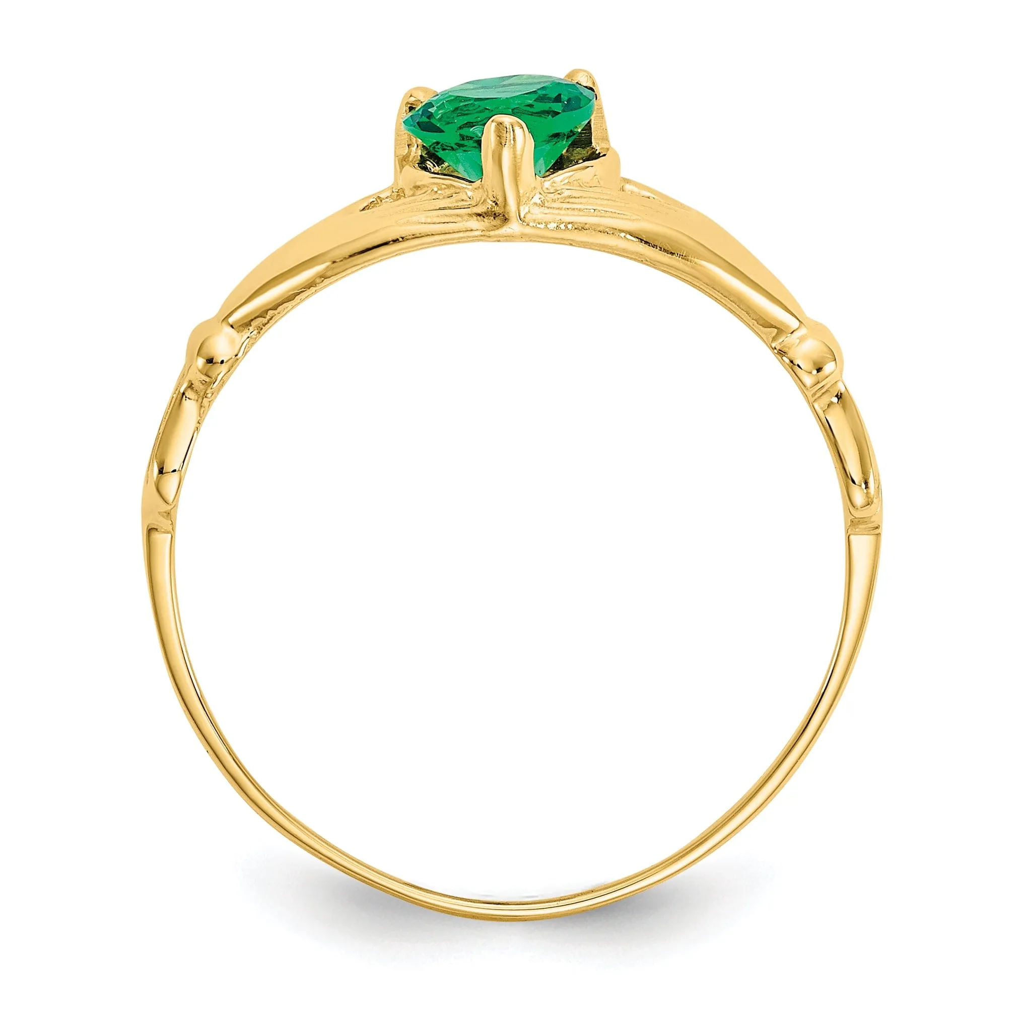 14k Yellow Gold CZ May Birthstone Claddagh Heart RIng