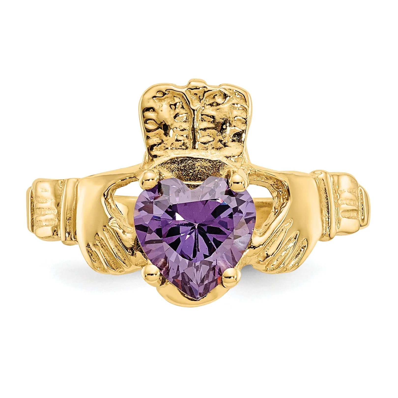 14k Yellow Gold February Birthstone Claddagh Ring