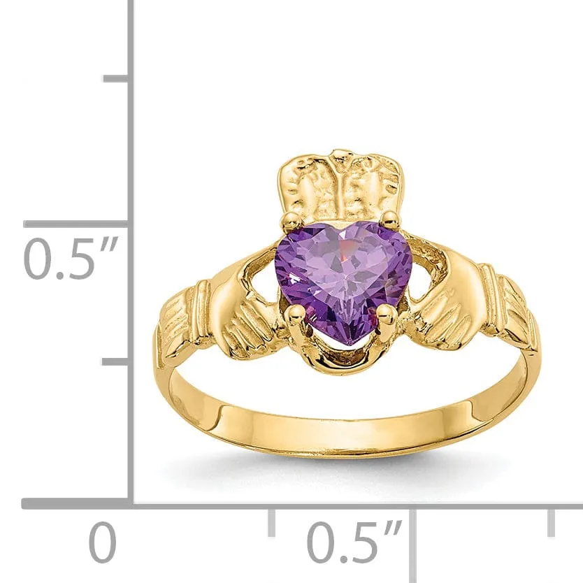 14k Yellow Gold February Birthstone Claddagh Ring