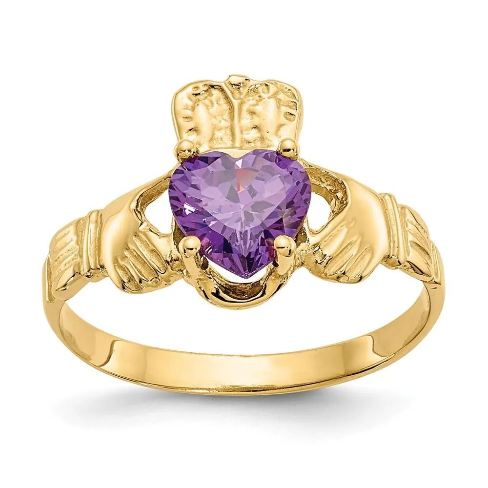 14k Yellow Gold February Birthstone Claddagh Ring