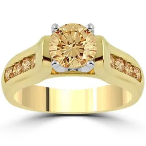 14k Yellow Solid Gold Champagne Diamond Engagement Ring With Side Stones 1.15 Ctw