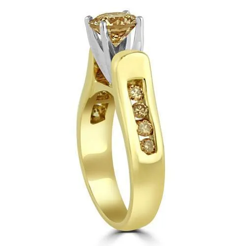 14k Yellow Solid Gold Champagne Diamond Engagement Ring With Side Stones 1.15 Ctw