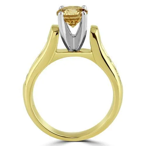 14k Yellow Solid Gold Champagne Diamond Engagement Ring With Side Stones 1.15 Ctw