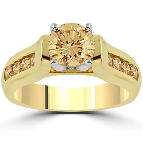 14k Yellow Solid Gold Champagne Diamond Engagement Ring With Side Stones 1.15 Ctw