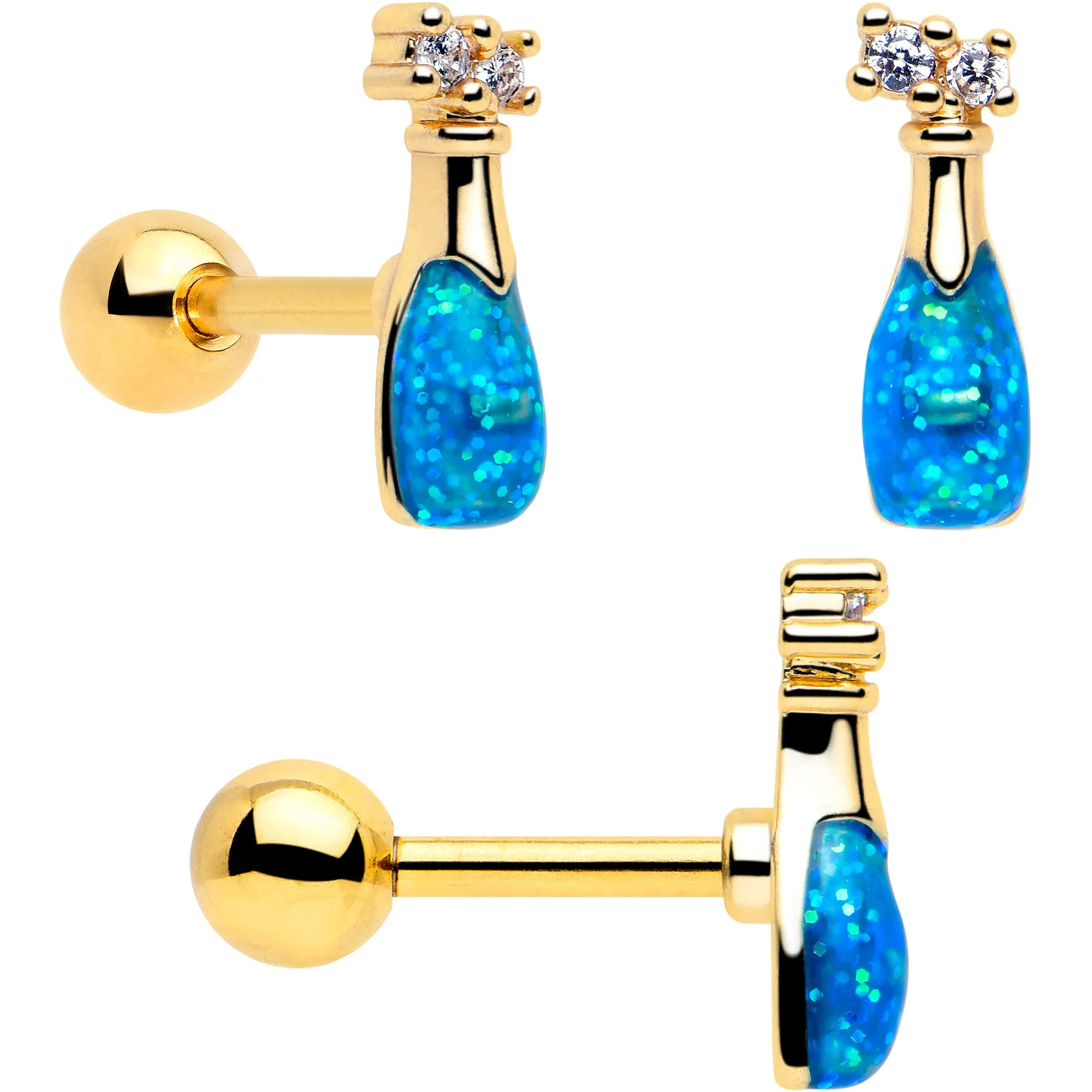 16 Gauge 1/4 Clear Gem Gold Tone Happy Hour Cartilage Earrings Set of 3