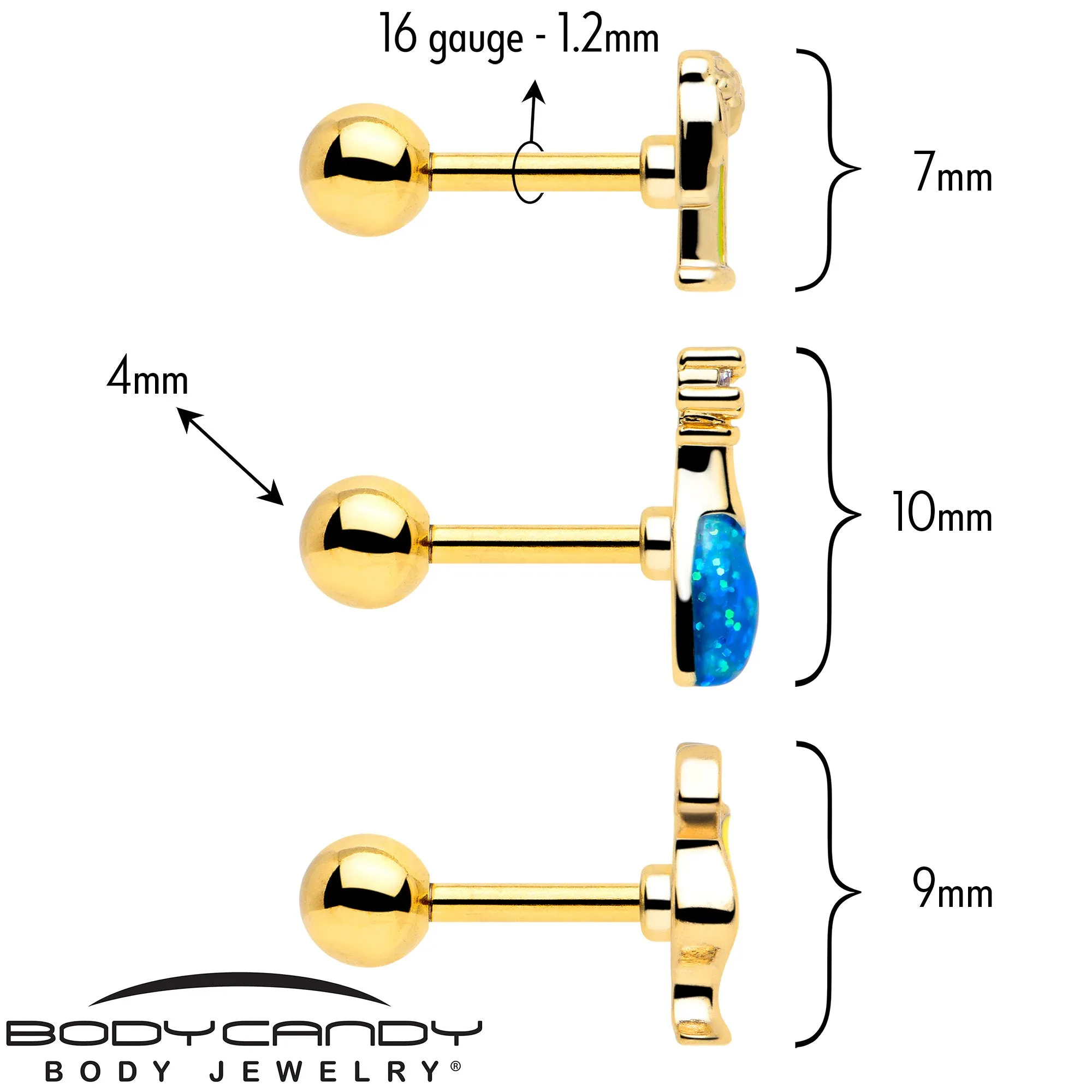 16 Gauge 1/4 Clear Gem Gold Tone Happy Hour Cartilage Earrings Set of 3