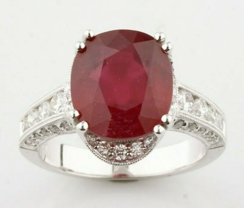 18k White Gold Ruby Solitaire Ring w/ Diamond Accents and Milgrain Detail Sz 6.5