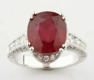 18k White Gold Ruby Solitaire Ring w/ Diamond Accents and Milgrain Detail Sz 6.5