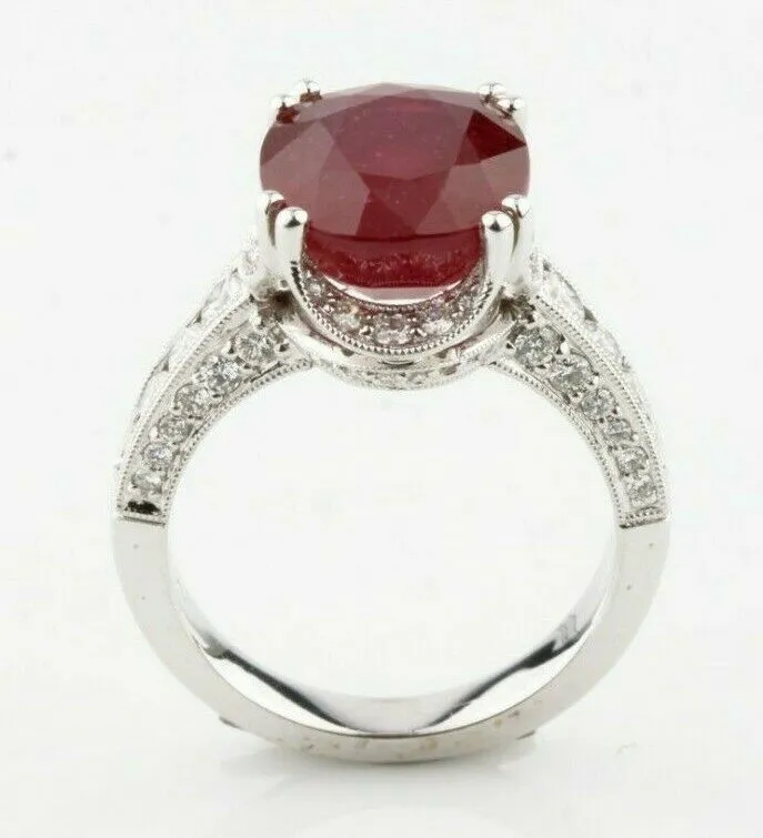18k White Gold Ruby Solitaire Ring w/ Diamond Accents and Milgrain Detail Sz 6.5