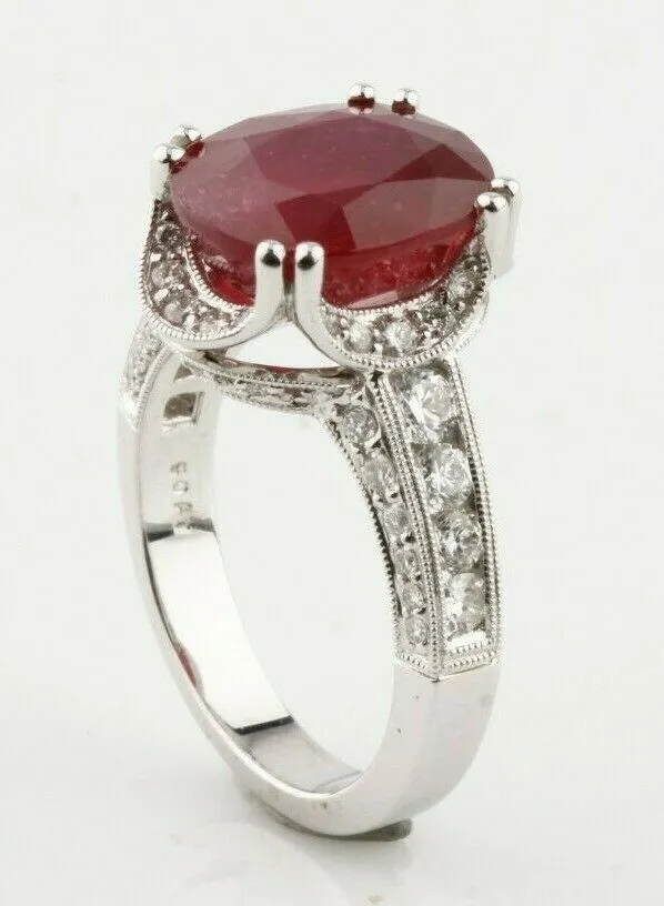 18k White Gold Ruby Solitaire Ring w/ Diamond Accents and Milgrain Detail Sz 6.5
