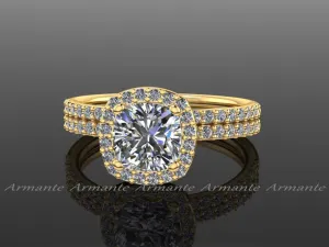 18K Yellow Gold Moissanite, Diamond Halo Engagement Ring Set