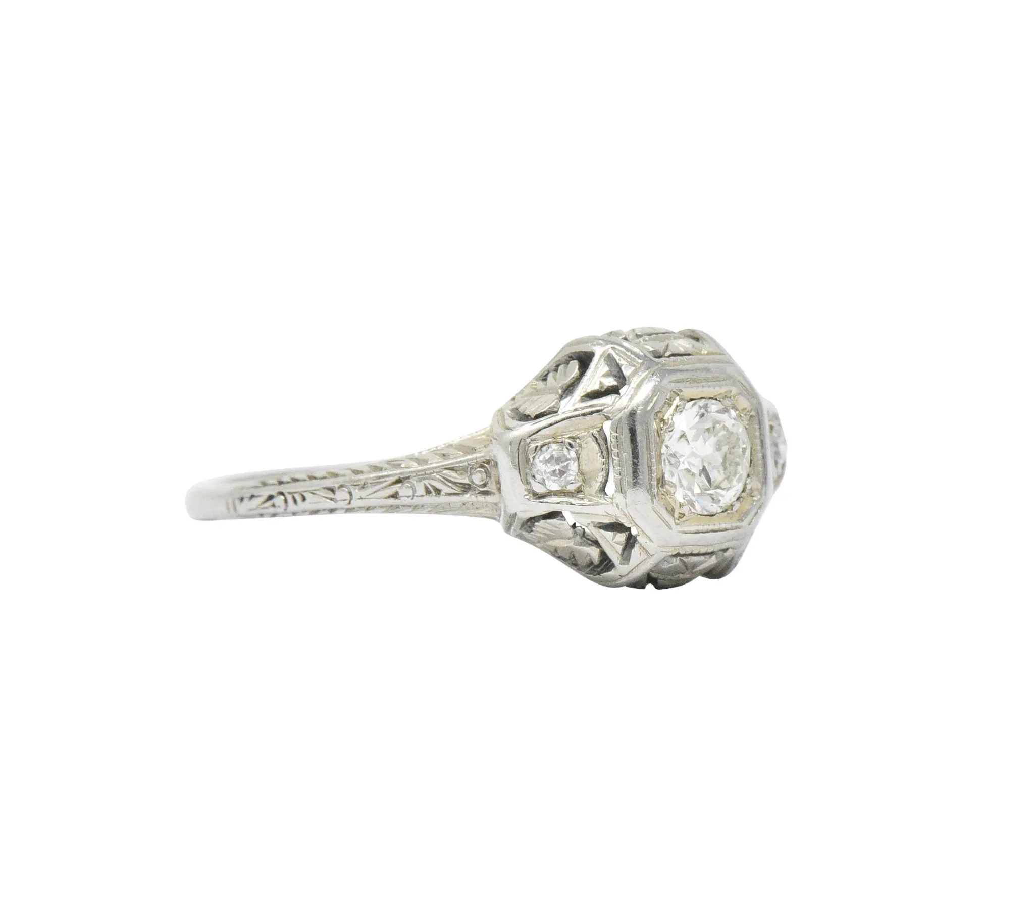 1920's 0.30 CTW Old European Cut Diamond 18 Karat White Gold Engagement Ring