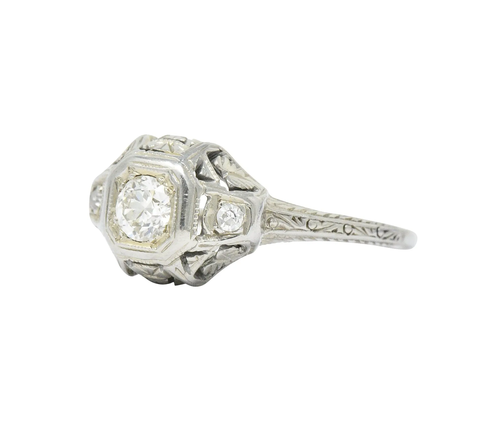 1920's 0.30 CTW Old European Cut Diamond 18 Karat White Gold Engagement Ring