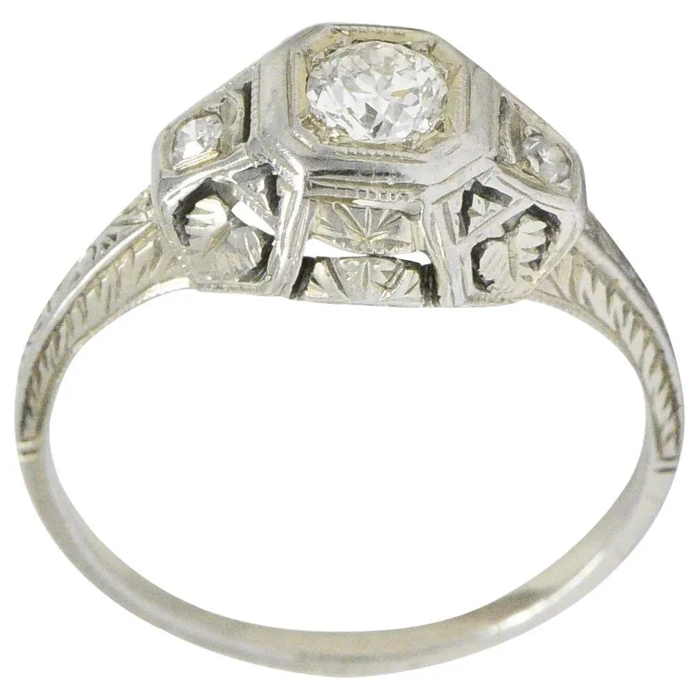 1920's 0.30 CTW Old European Cut Diamond 18 Karat White Gold Engagement Ring
