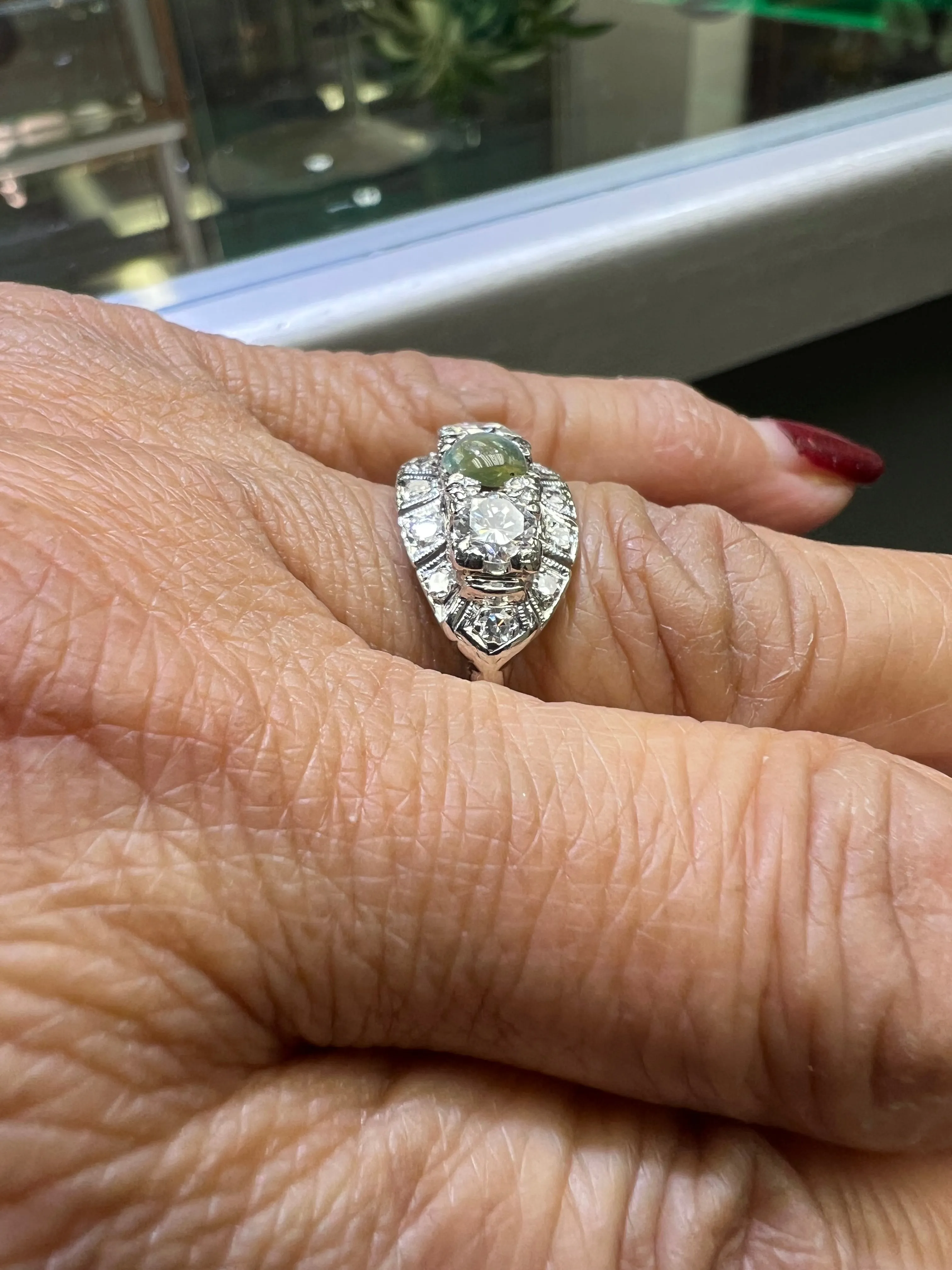 1950s Chrysoberyl Catseye Diamond Platinum Engagement Ring