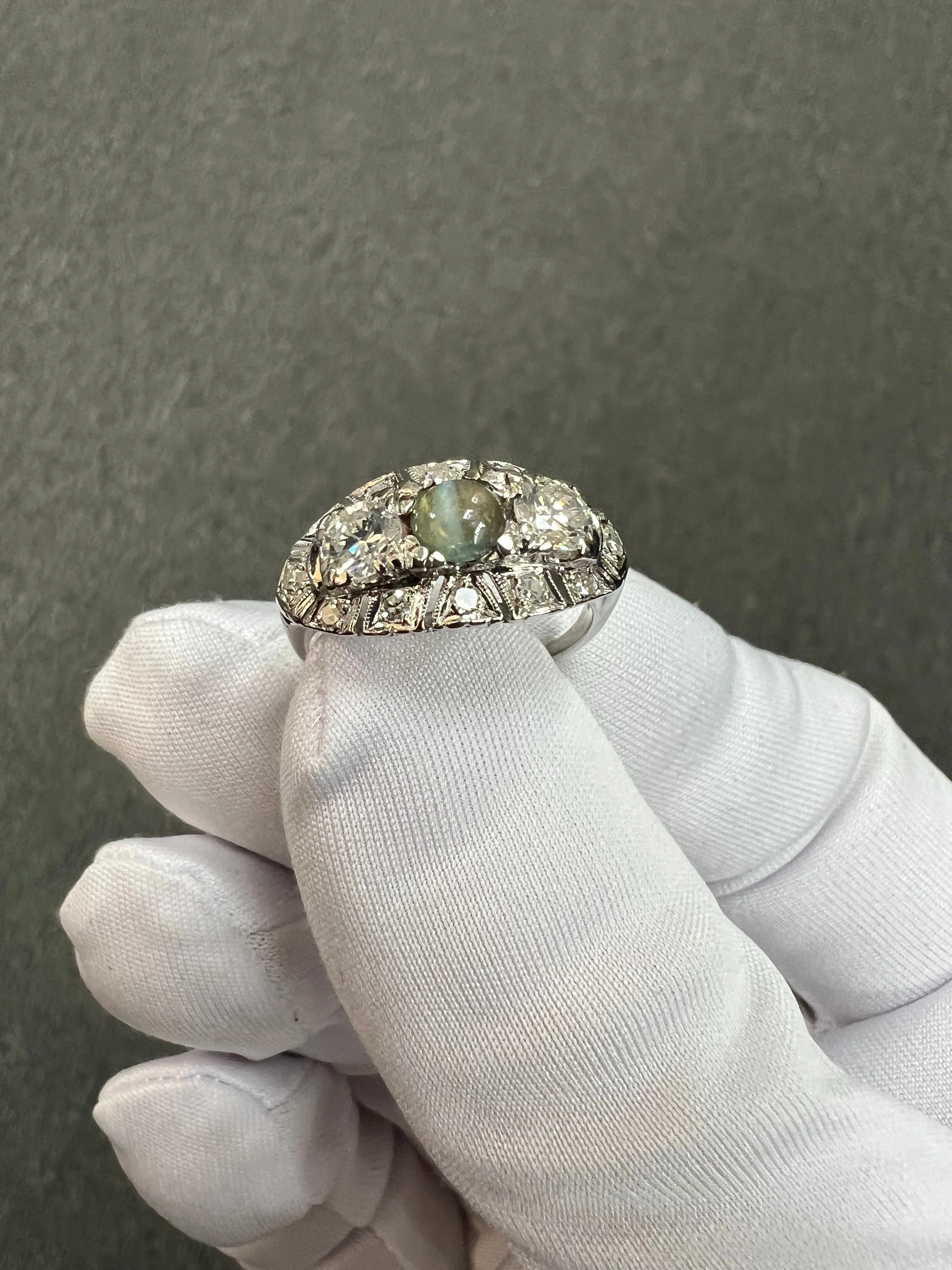 1950s Chrysoberyl Catseye Diamond Platinum Engagement Ring
