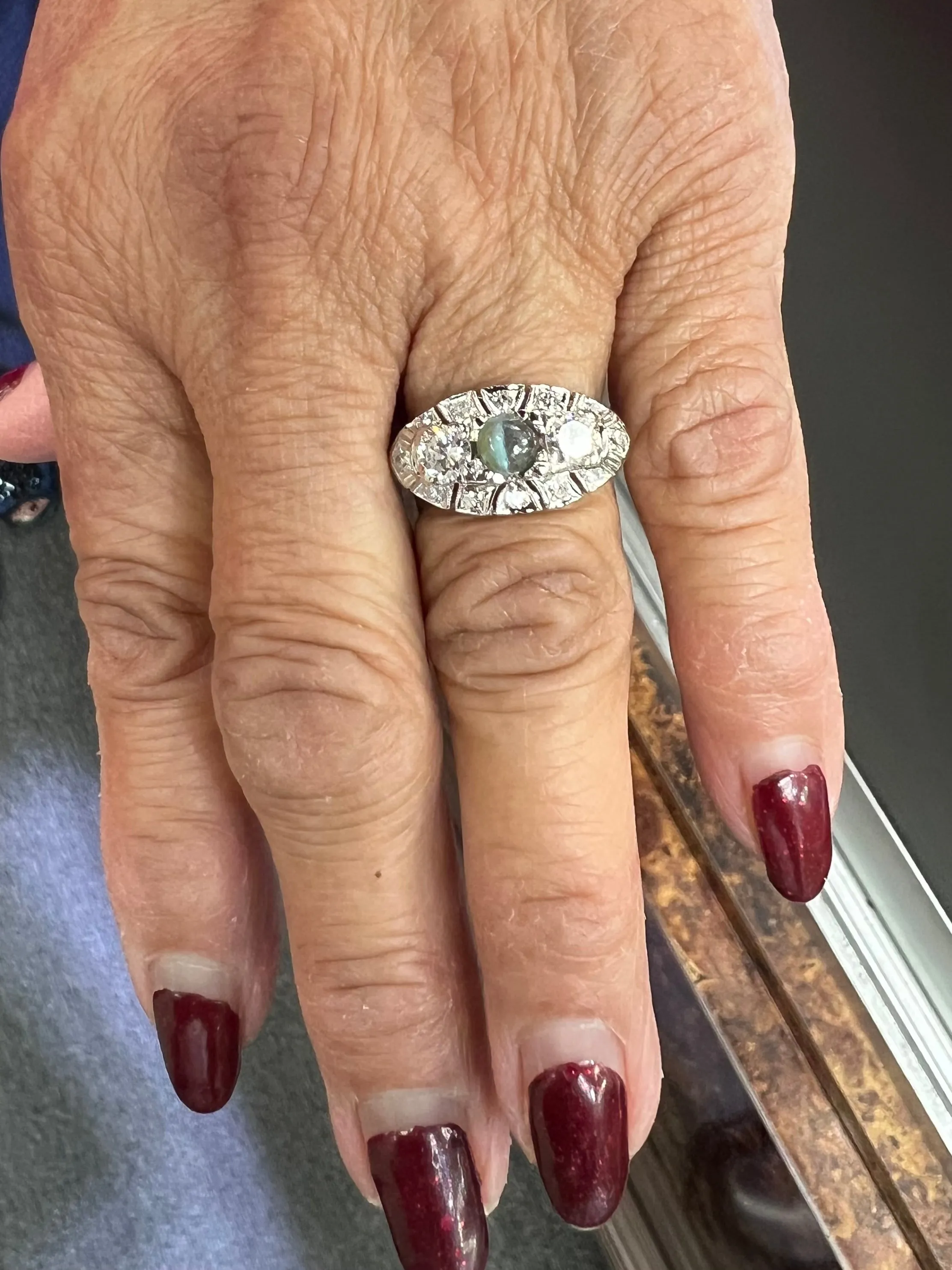 1950s Chrysoberyl Catseye Diamond Platinum Engagement Ring