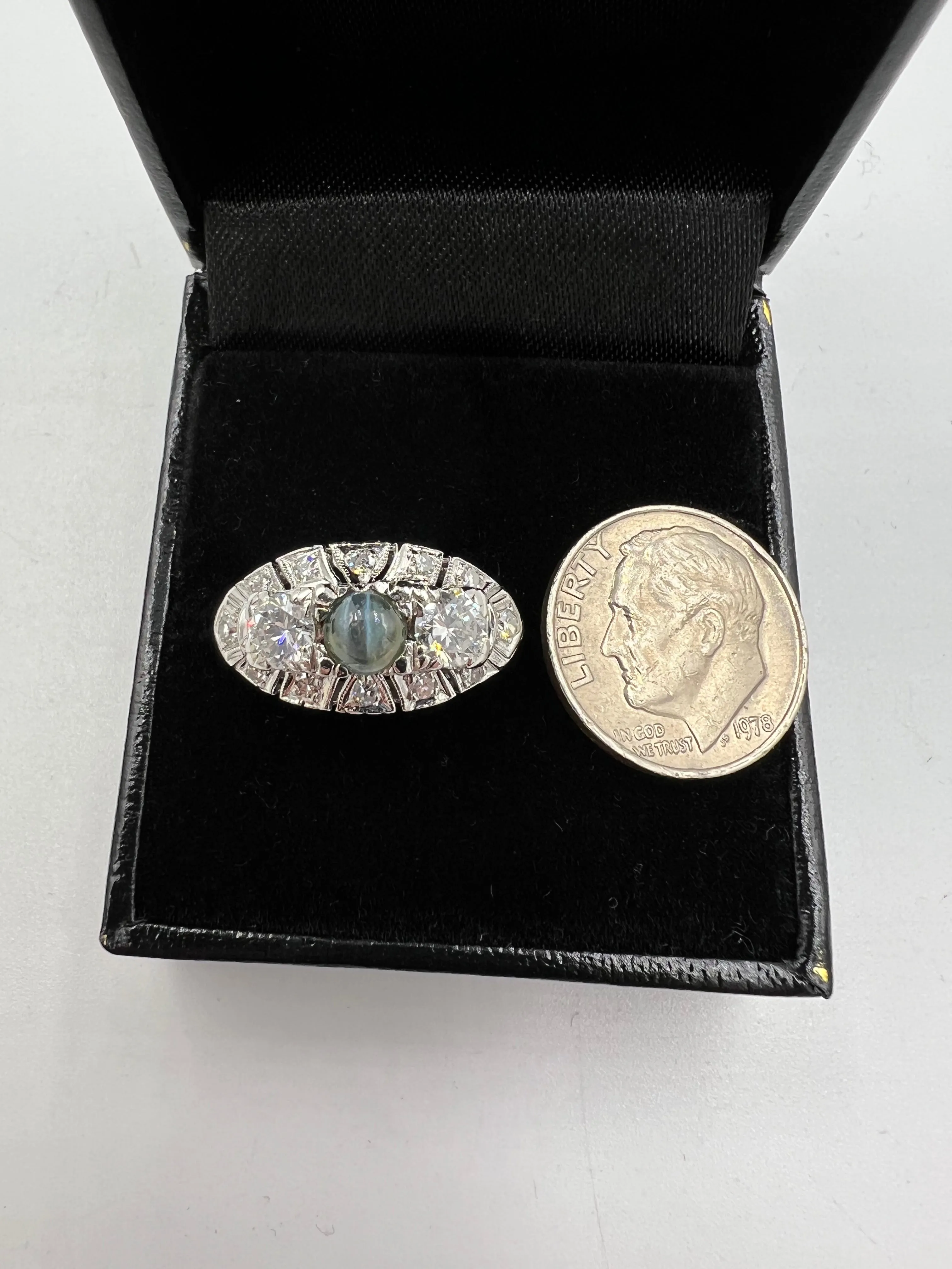 1950s Chrysoberyl Catseye Diamond Platinum Engagement Ring