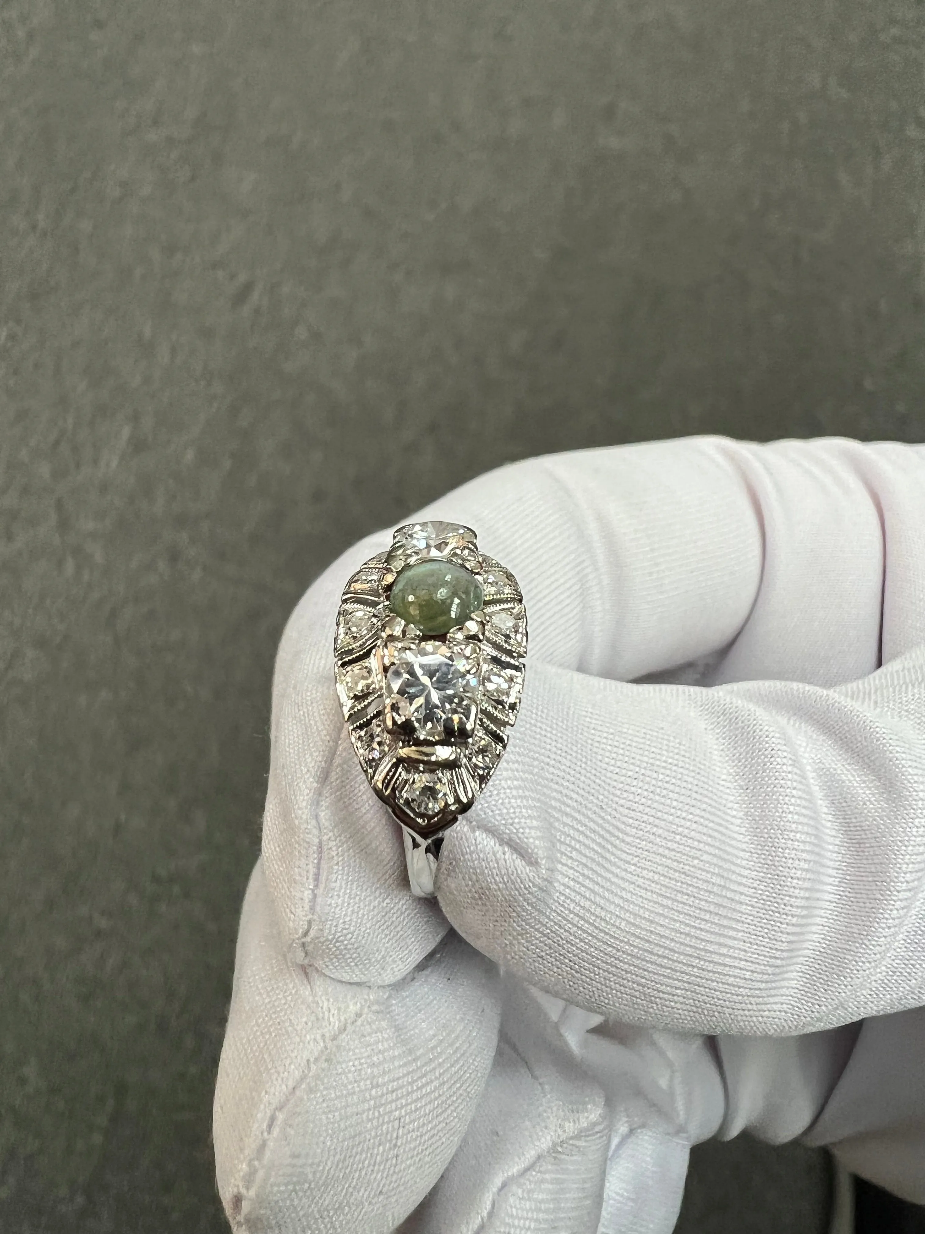 1950s Chrysoberyl Catseye Diamond Platinum Engagement Ring