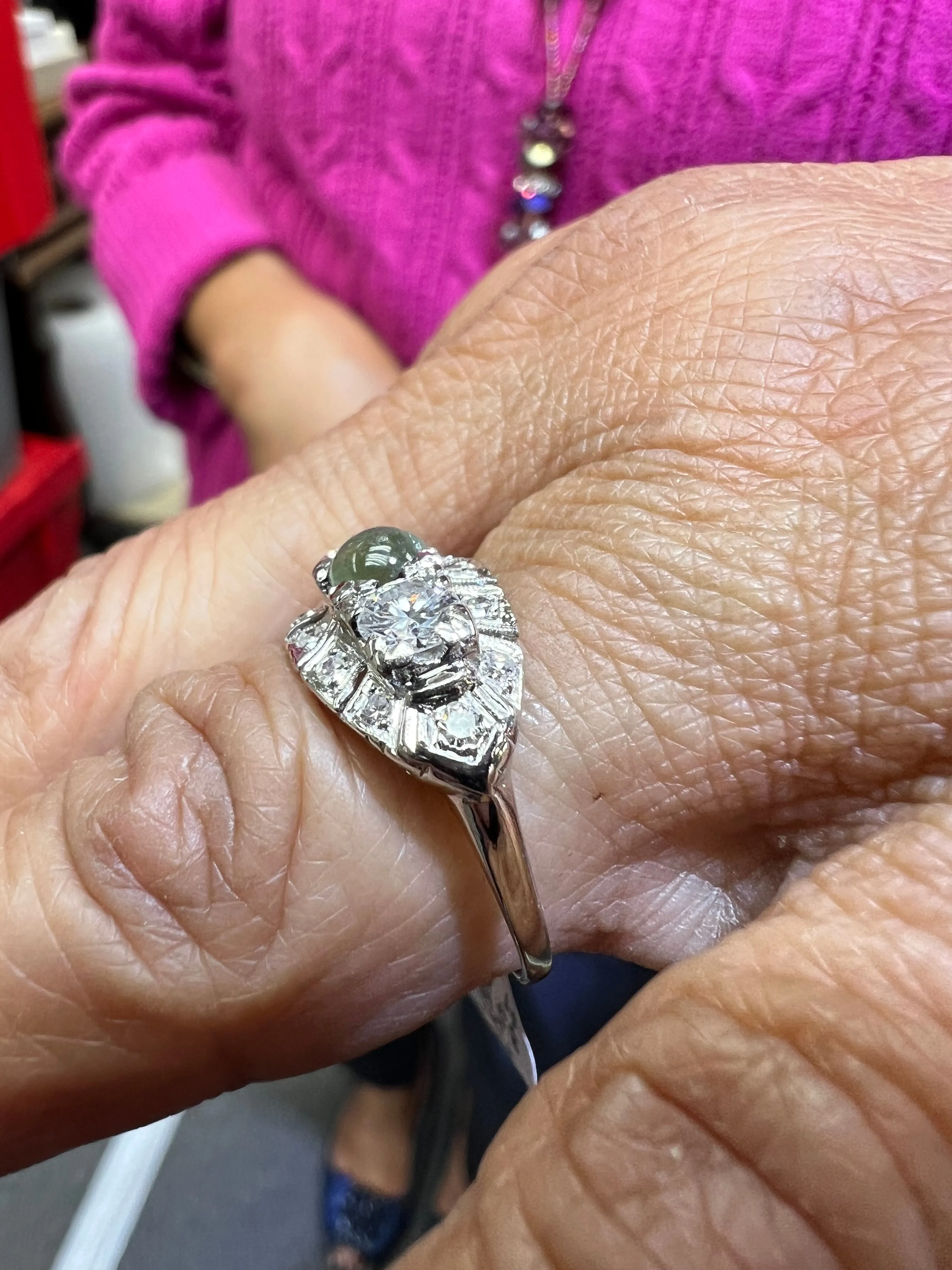 1950s Chrysoberyl Catseye Diamond Platinum Engagement Ring
