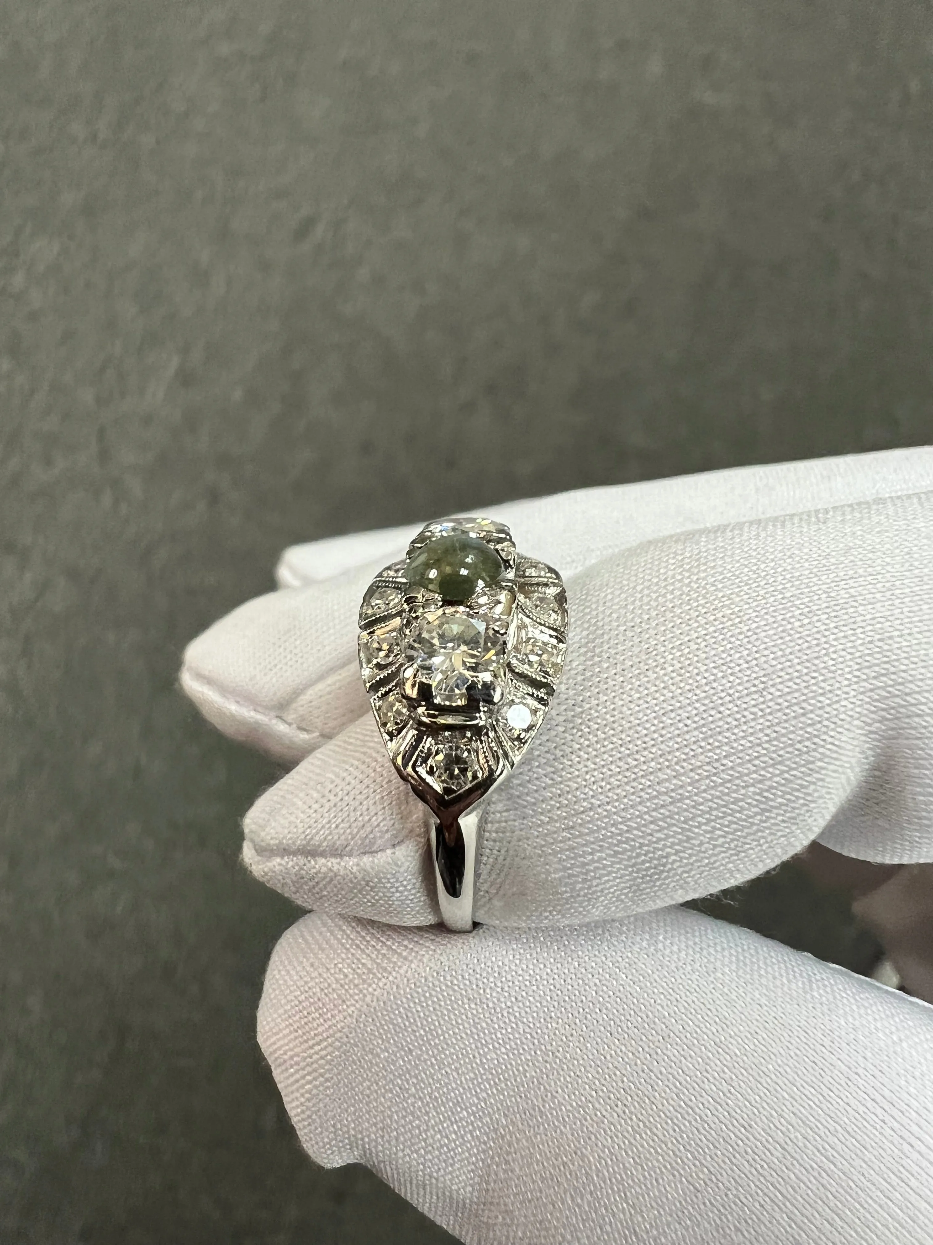 1950s Chrysoberyl Catseye Diamond Platinum Engagement Ring