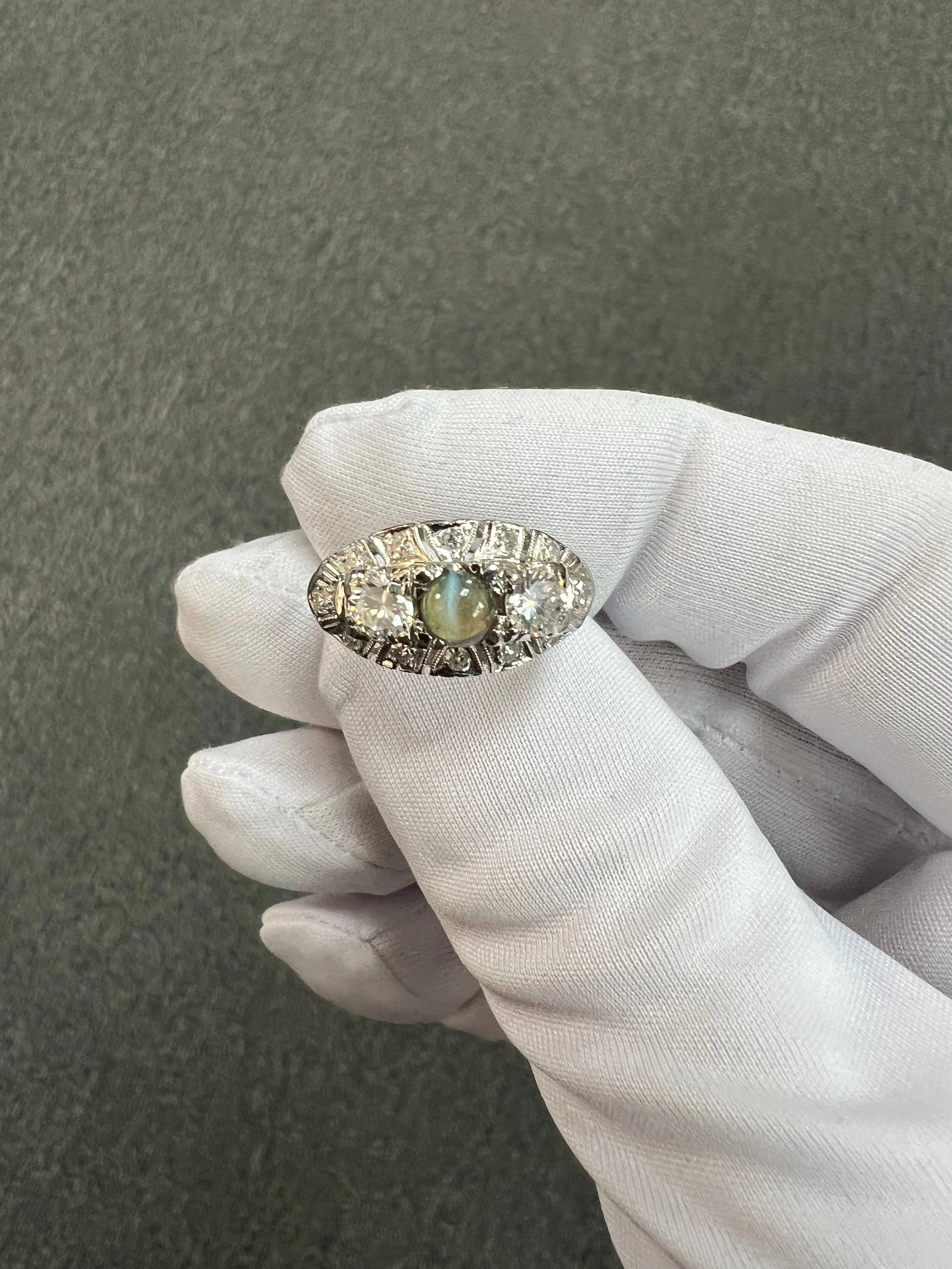 1950s Chrysoberyl Catseye Diamond Platinum Engagement Ring