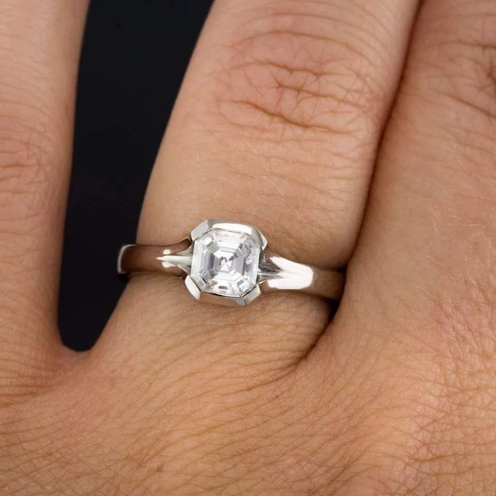 2.50ct Asscher Cut Fold Semi-Bazel  Engagement Ring, 14K White Gold ring, promise ring, Unique Design Man Made Diamond Wedding Ring