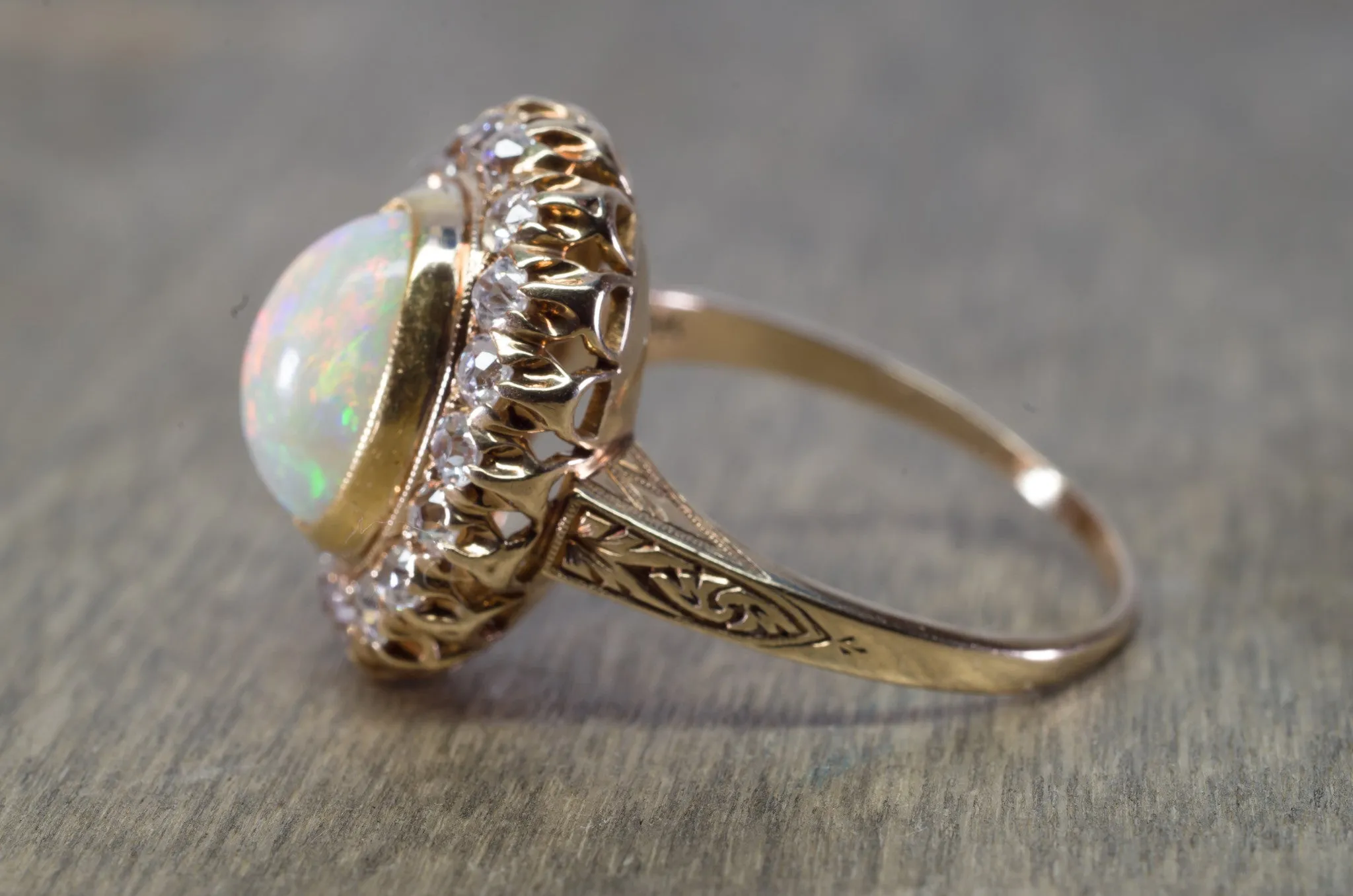 2.76CTW OPAL AND OLD MINE CUT DIAMOND COCKTAIL RING