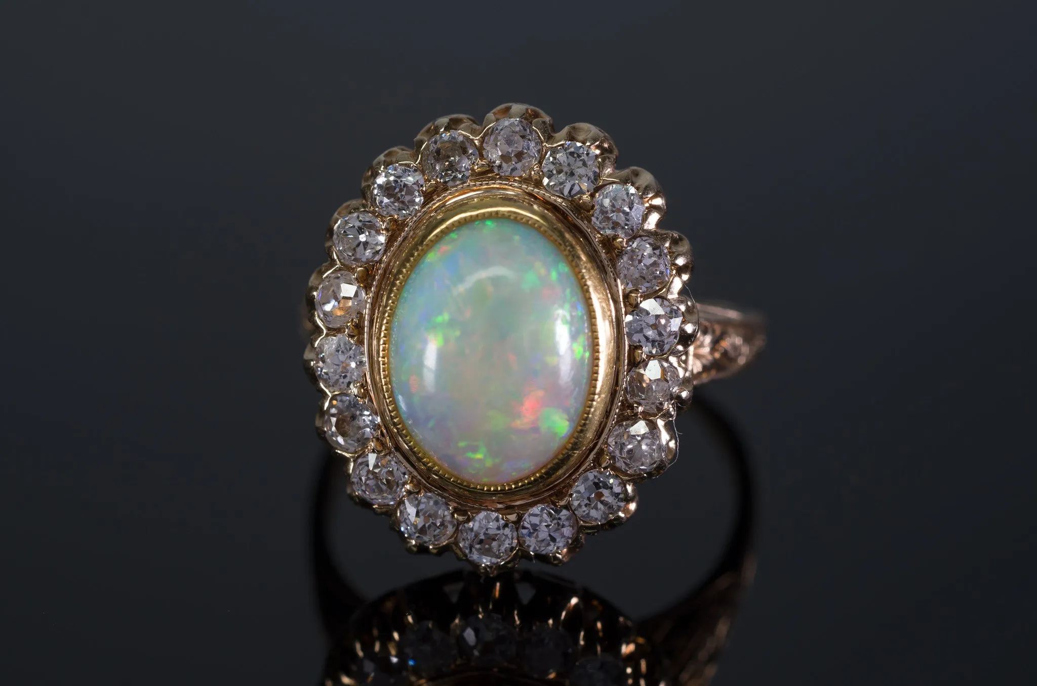 2.76CTW OPAL AND OLD MINE CUT DIAMOND COCKTAIL RING