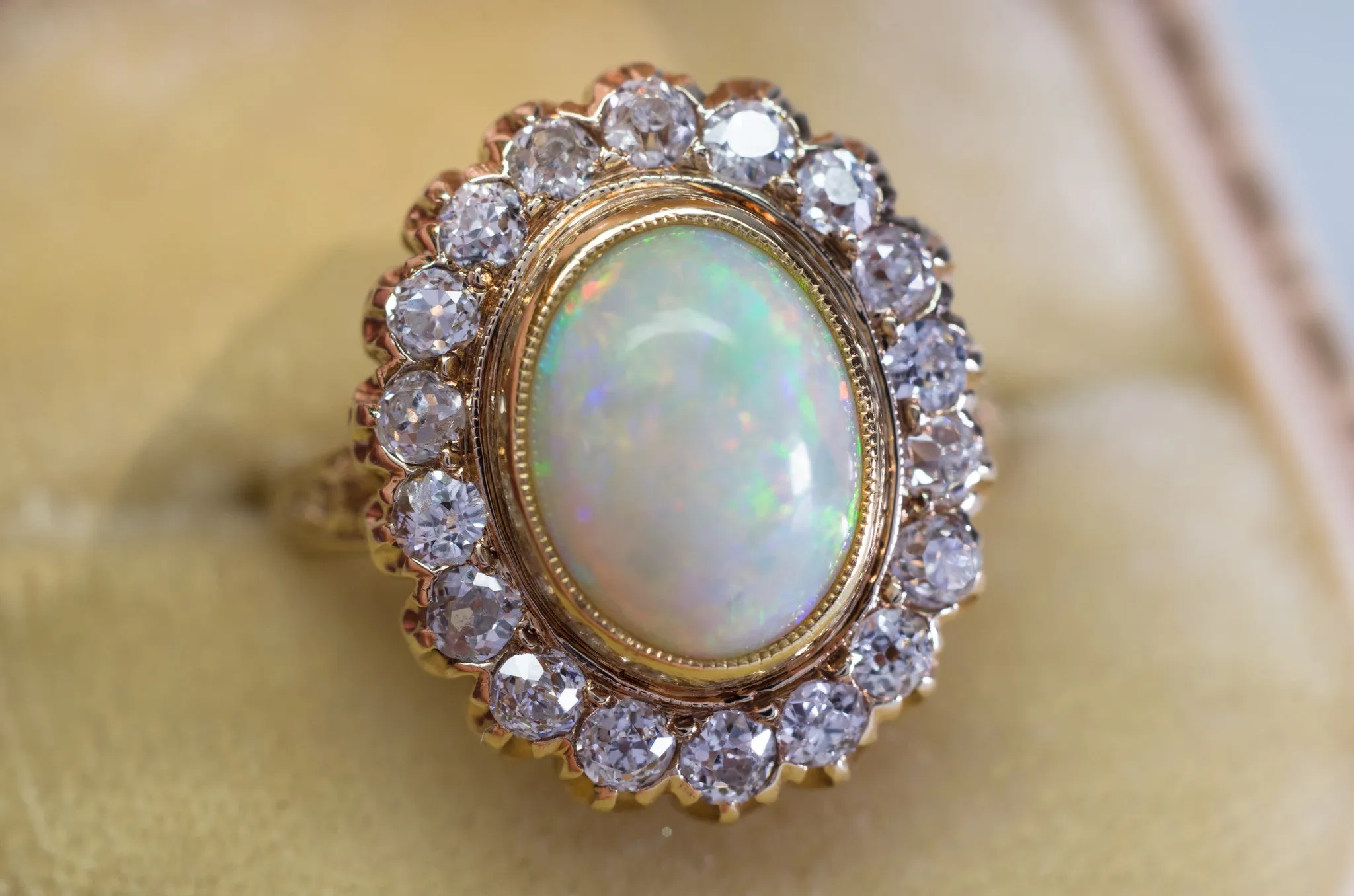2.76CTW OPAL AND OLD MINE CUT DIAMOND COCKTAIL RING