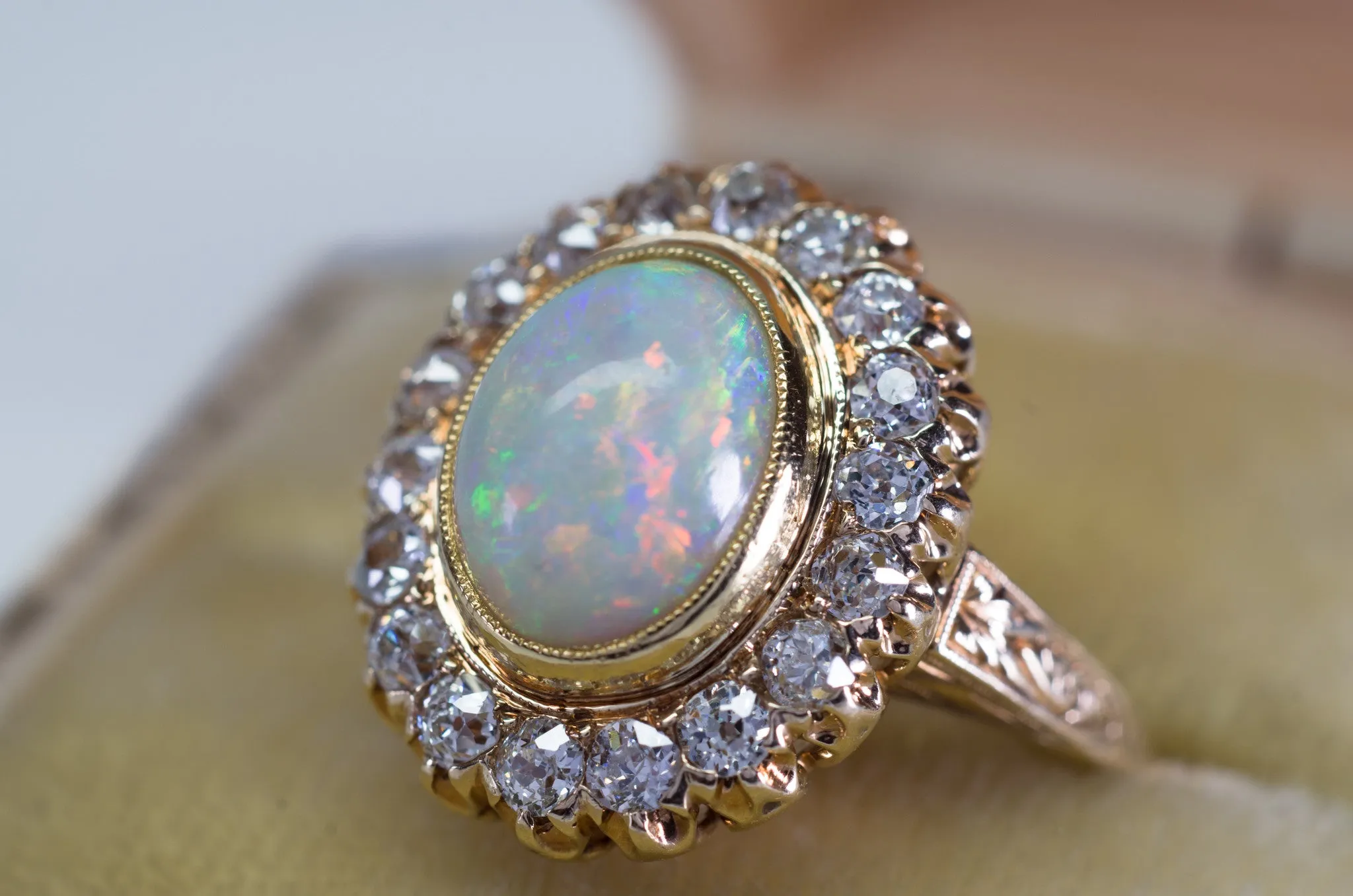 2.76CTW OPAL AND OLD MINE CUT DIAMOND COCKTAIL RING