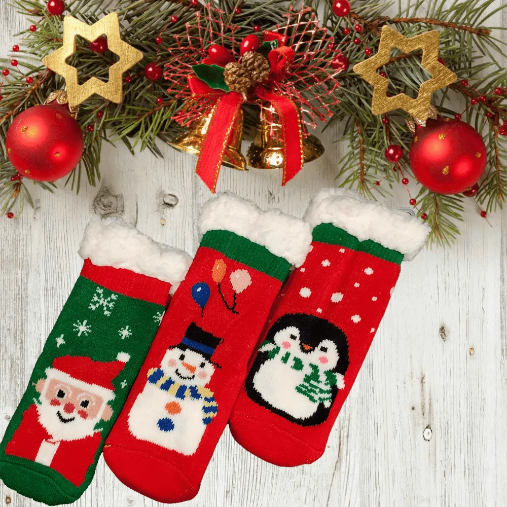 3 PACK NON-SKID THERMAL SHERPA LINED FESTIVE SOCKS FOR KIDS