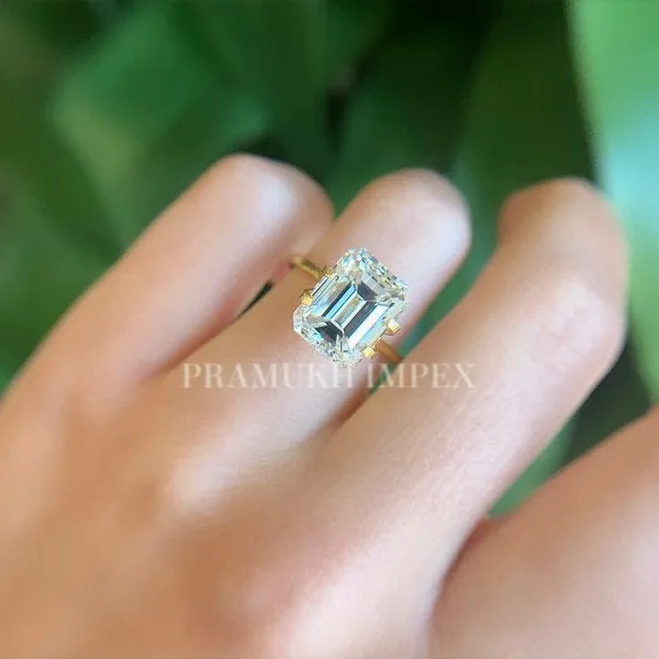 5.01CT Emerald cut Moissanite Engagement Ring 14k Yellow Gold Unique Vintage forever one Diamond Wedding for women Anniversary Gift