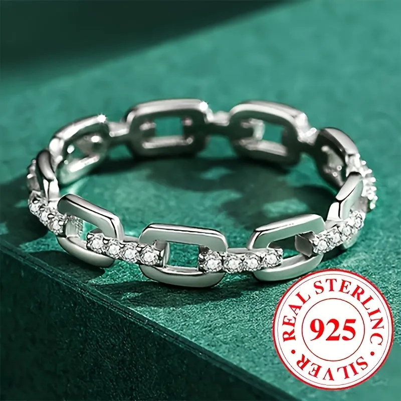925 Silver Chain Ring with Zirconia April Birthstone Unisex Jewelry