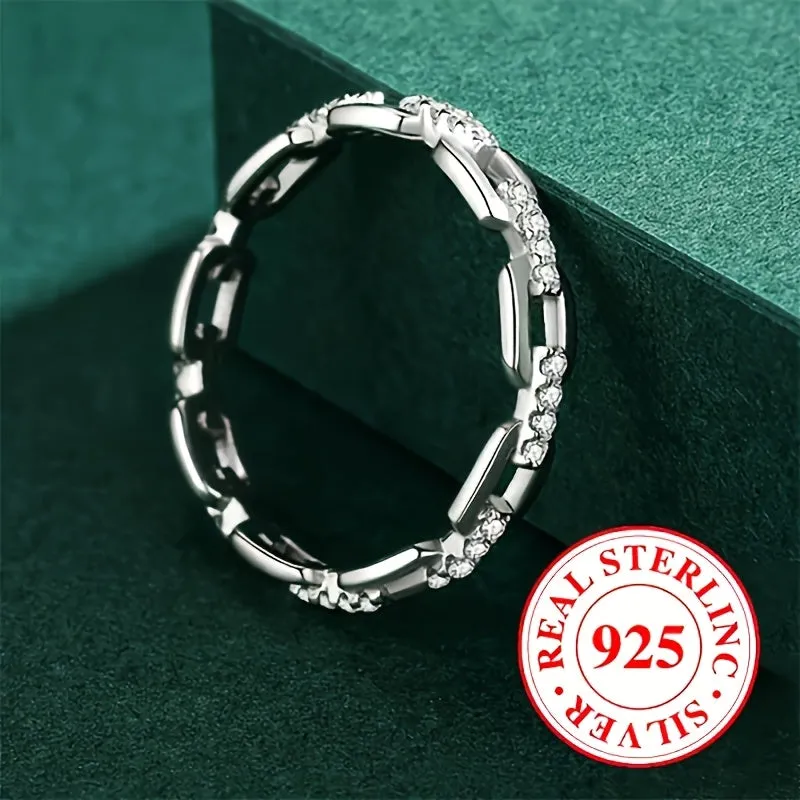 925 Silver Chain Ring with Zirconia April Birthstone Unisex Jewelry