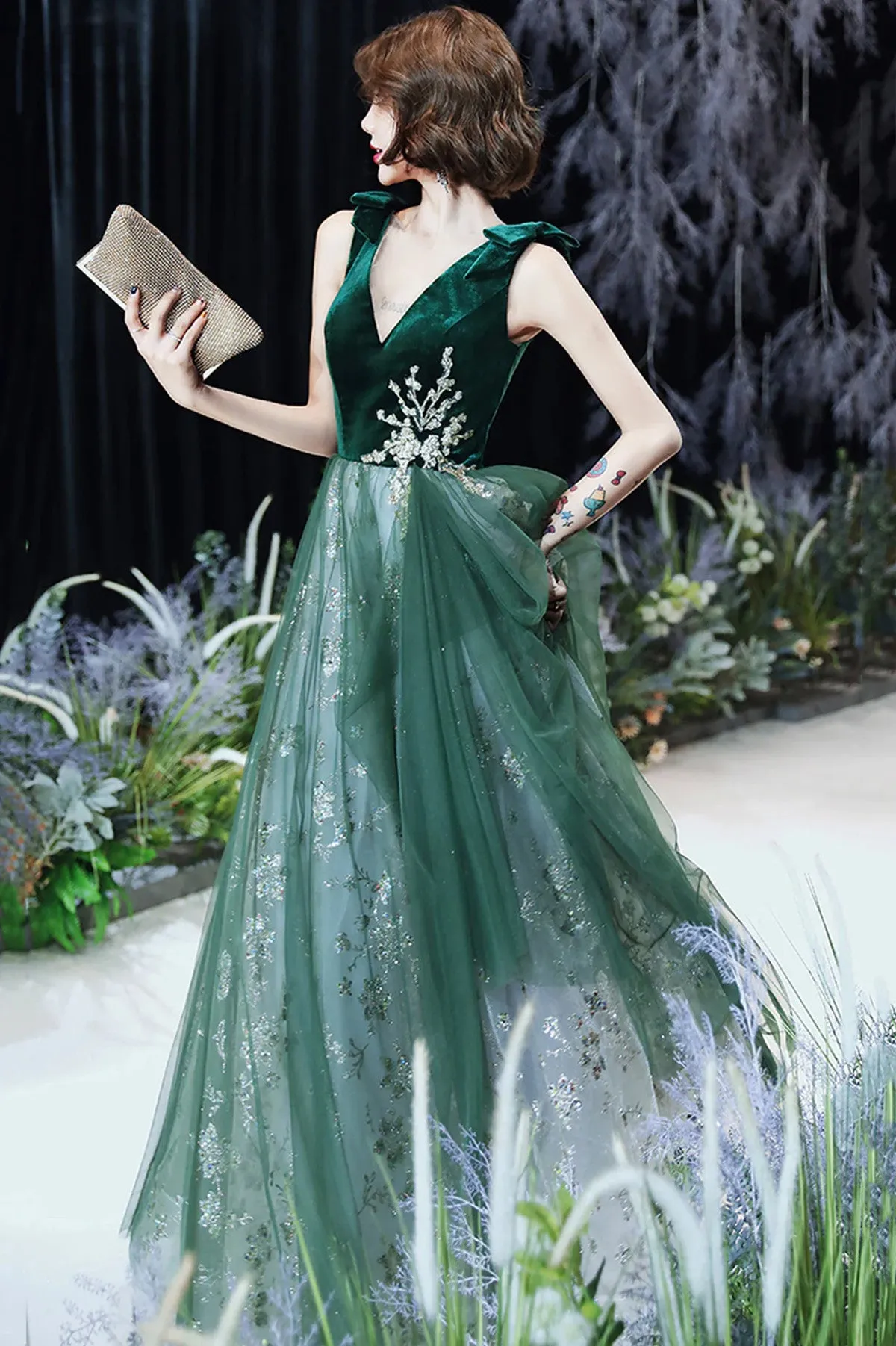 A-line Green Tulle and Velvet Long Formal Dress, Green Tulle Party Dress Prom Dress