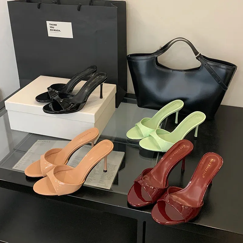 ADVBRIDGE  -  8cm Stiletto Heels Woman Slippers Black Patent Leather High Heels Sandals Leisure Ladies Summer Shoes Burgundy Sandale Femme