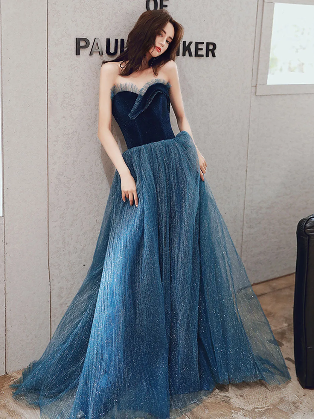 Aline Tulle Velvet Blue Long Prom Dress, Sweetheart Neck Blue Graduation Dress