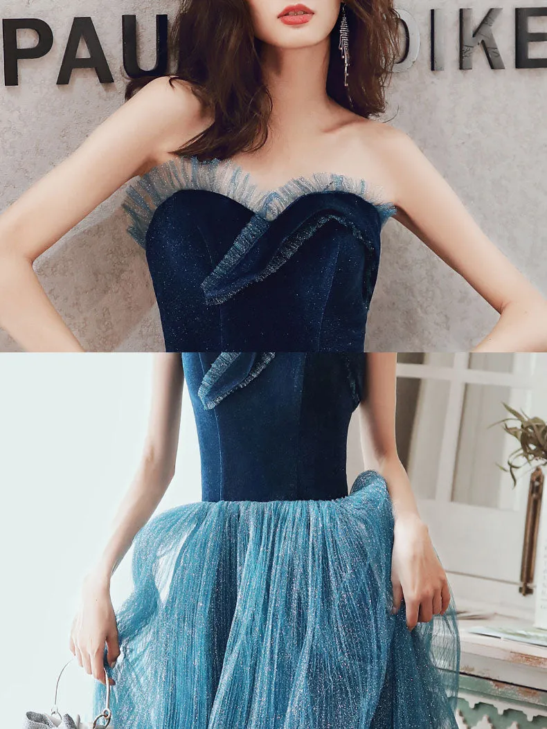 Aline Tulle Velvet Blue Long Prom Dress, Sweetheart Neck Blue Graduation Dress