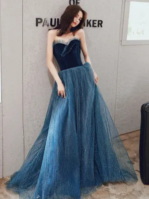Aline Tulle Velvet Blue Long Prom Dress, Sweetheart Neck Blue Graduation Dress
