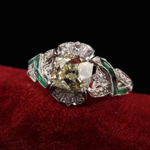 Antique Art Deco Platinum Old Mine Cut Diamond Emerald Engagement Ring