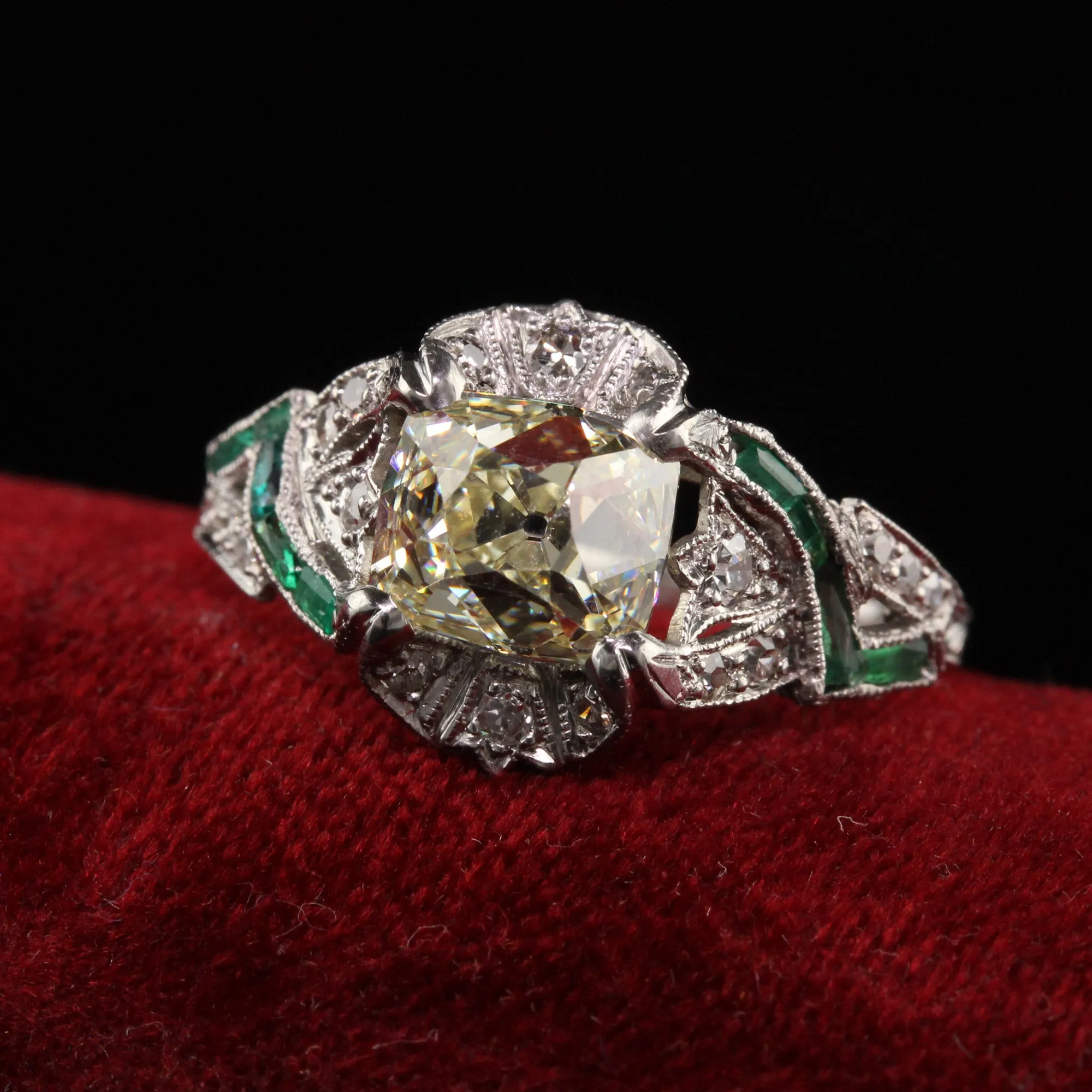 Antique Art Deco Platinum Old Mine Cut Diamond Emerald Engagement Ring