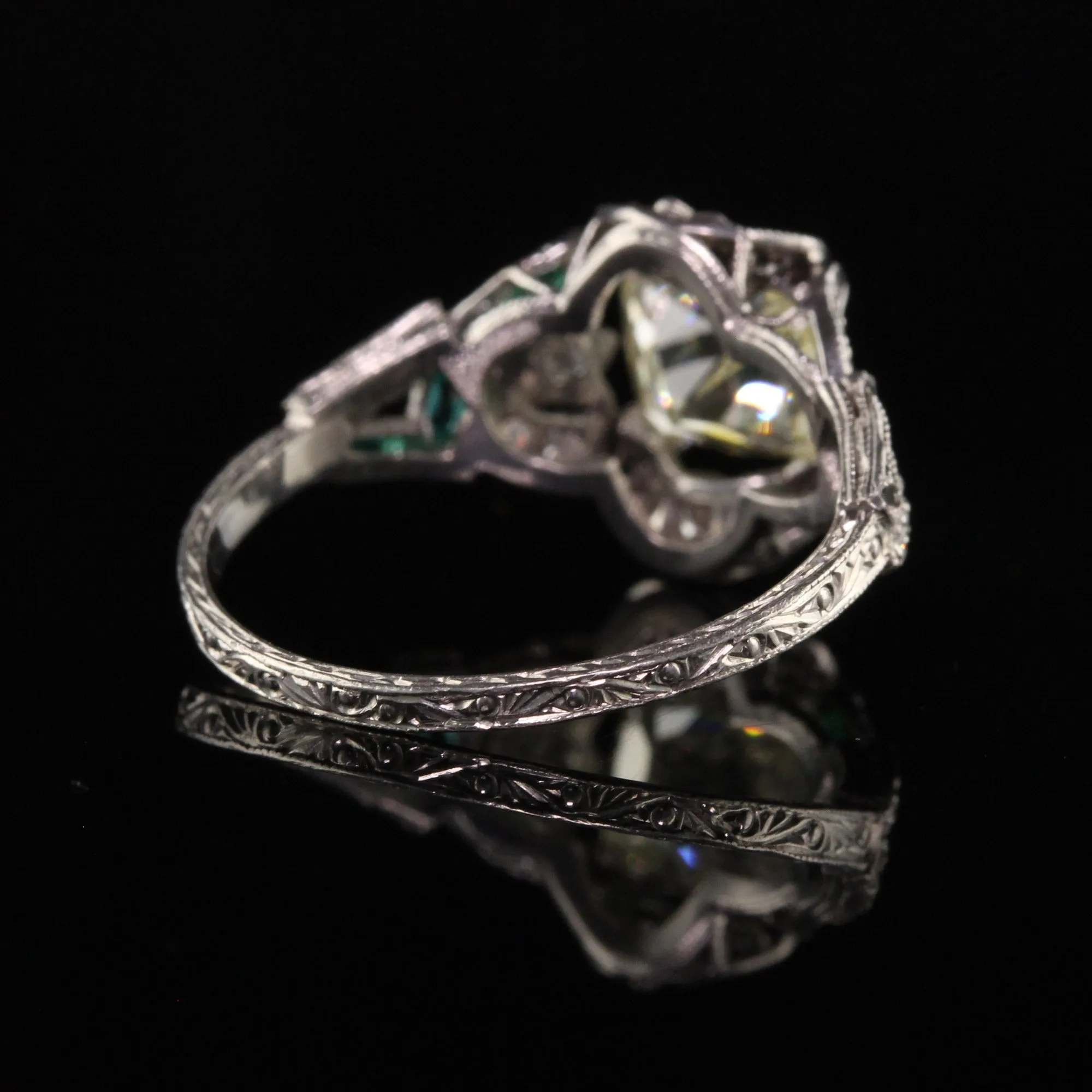 Antique Art Deco Platinum Old Mine Cut Diamond Emerald Engagement Ring