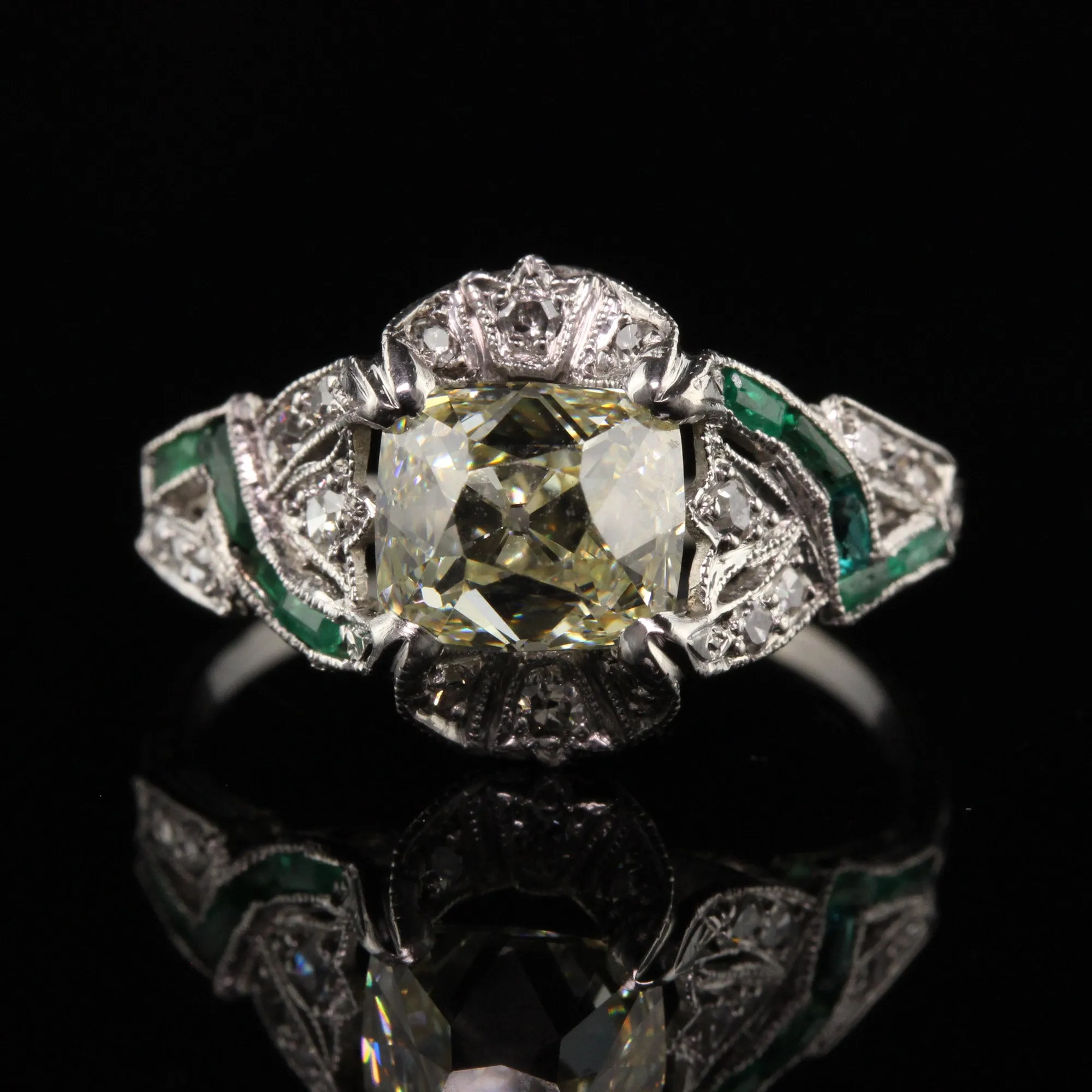 Antique Art Deco Platinum Old Mine Cut Diamond Emerald Engagement Ring