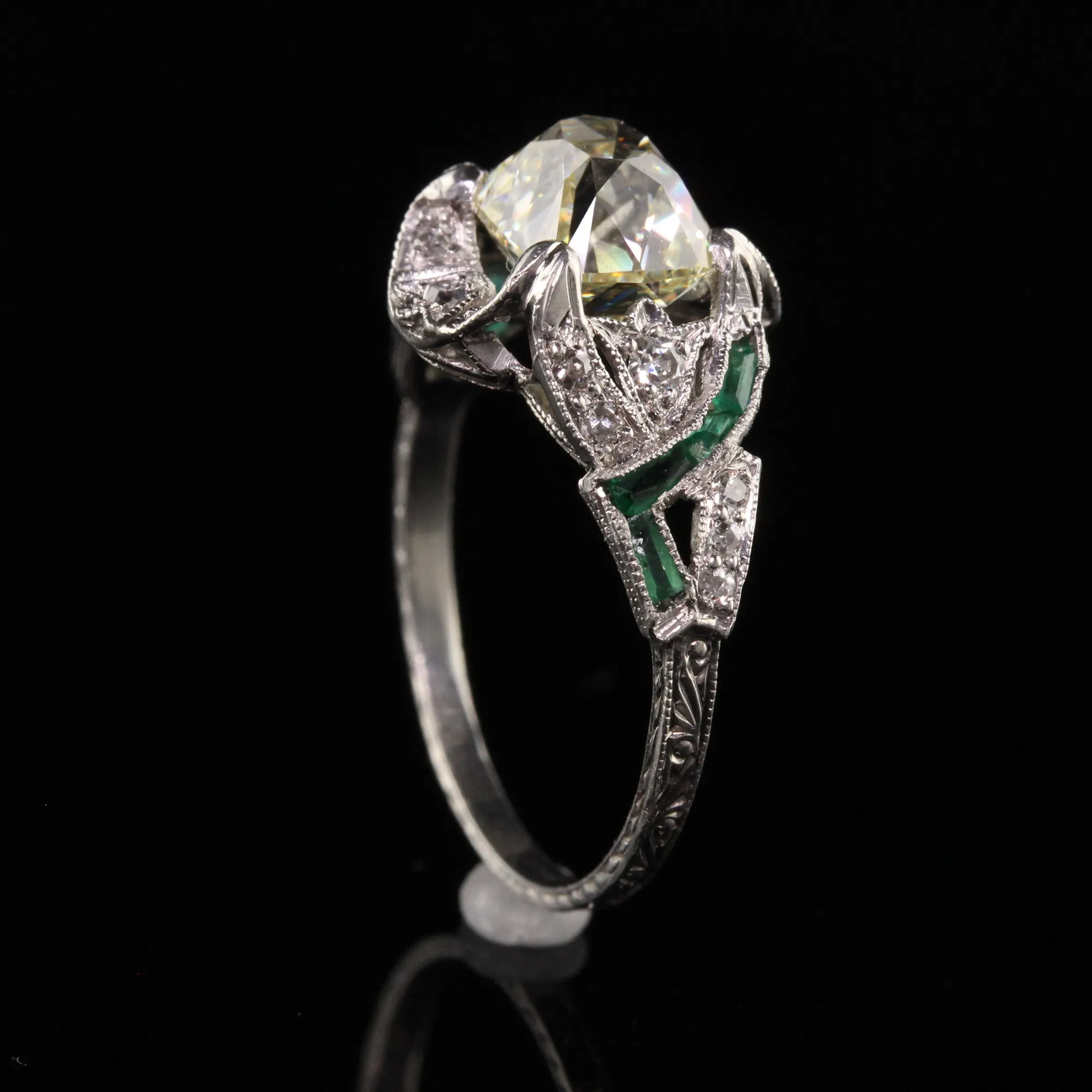 Antique Art Deco Platinum Old Mine Cut Diamond Emerald Engagement Ring