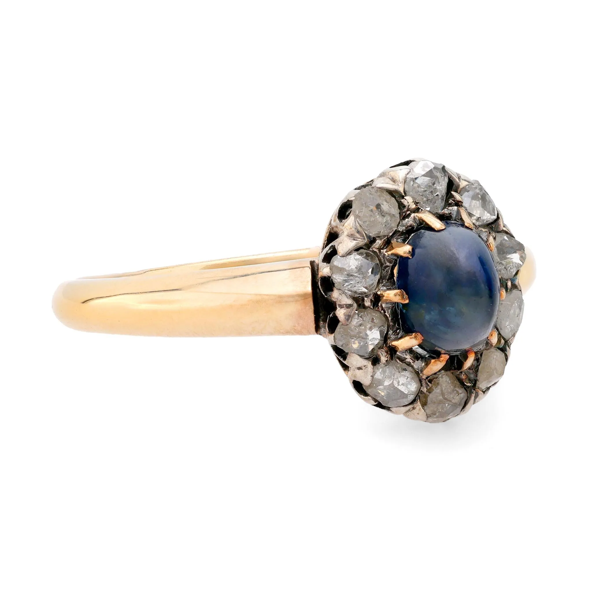 Antique French cabochon sapphire diamond 18k yellow gold silver cluster ring