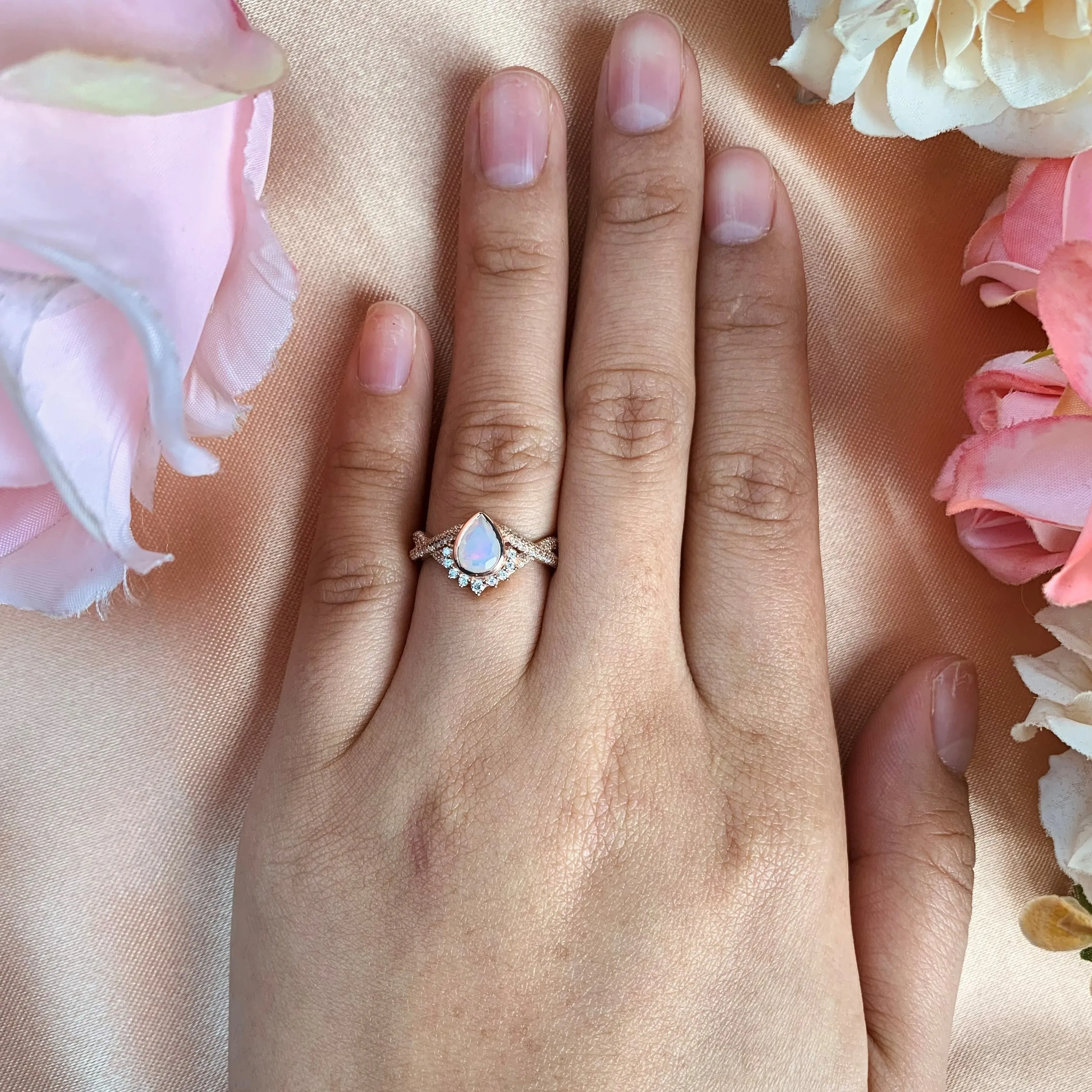 Antique Half Halo 1.5 Carat Pear Shape Opal Engagement Ring in Rose Gold