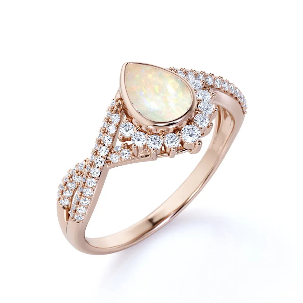 Antique Half Halo 1.5 Carat Pear Shape Opal Engagement Ring in Rose Gold